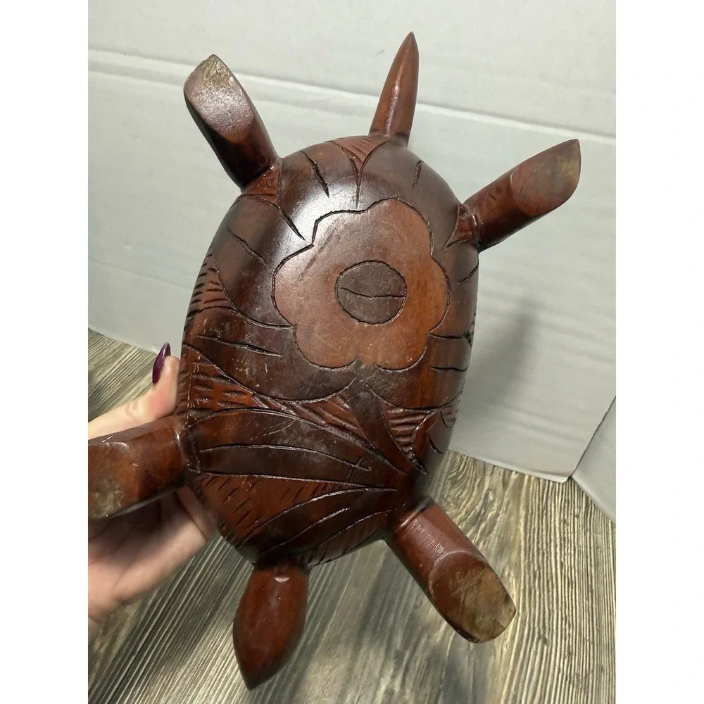 Vintage Wooden Turtle Hand Carved Wood‎ Trinket/Coin Box